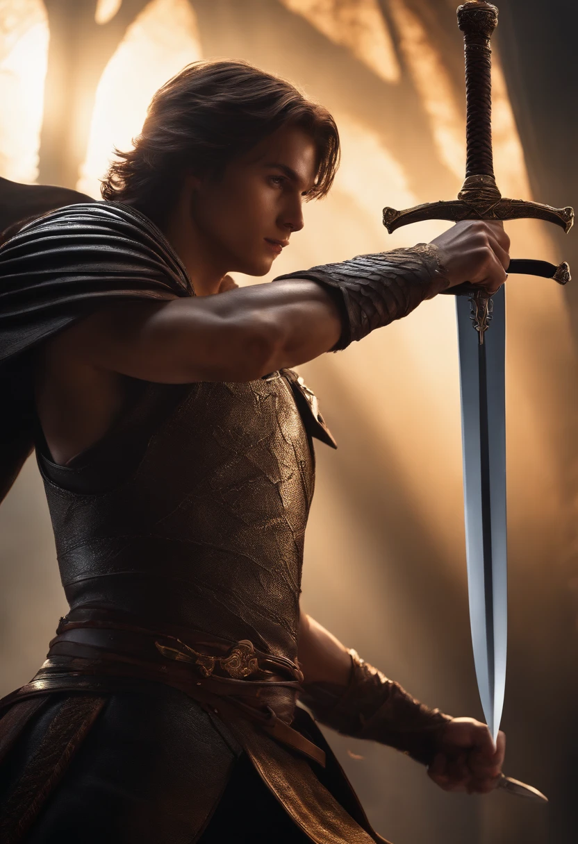 Serious, High detail, modern, Cinematic lighting, move chart, angle of view, Ultra-wide angle, hyper HD,Libido boy,Hold the sword high,The tip of the sword has a light