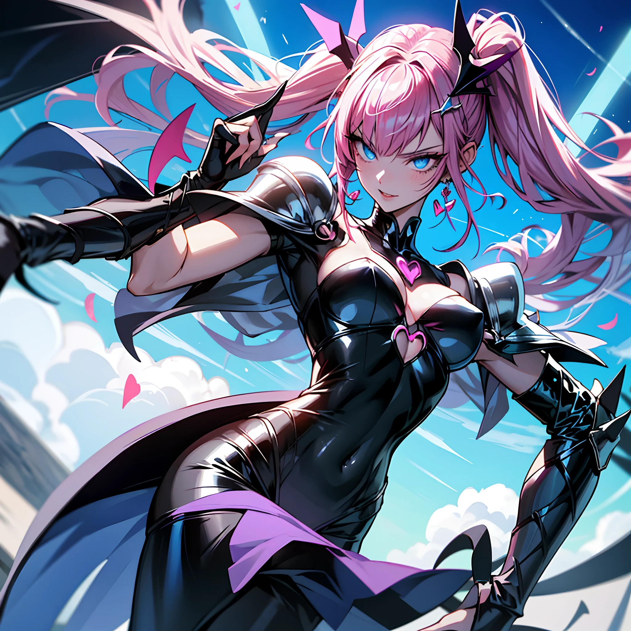 An evil magical girl in a skimpy outfit stands alone. Her costume is made up of latex fabric and transparent tights. She wears sharp black bikini armor. Heart nipples. Heart maebari. A hair ornament with sharp angles on her head. Sharp claws on her fingertips. A heart tattoo around her navel. Blue eyes that shine with light. Futuristic machines in the background