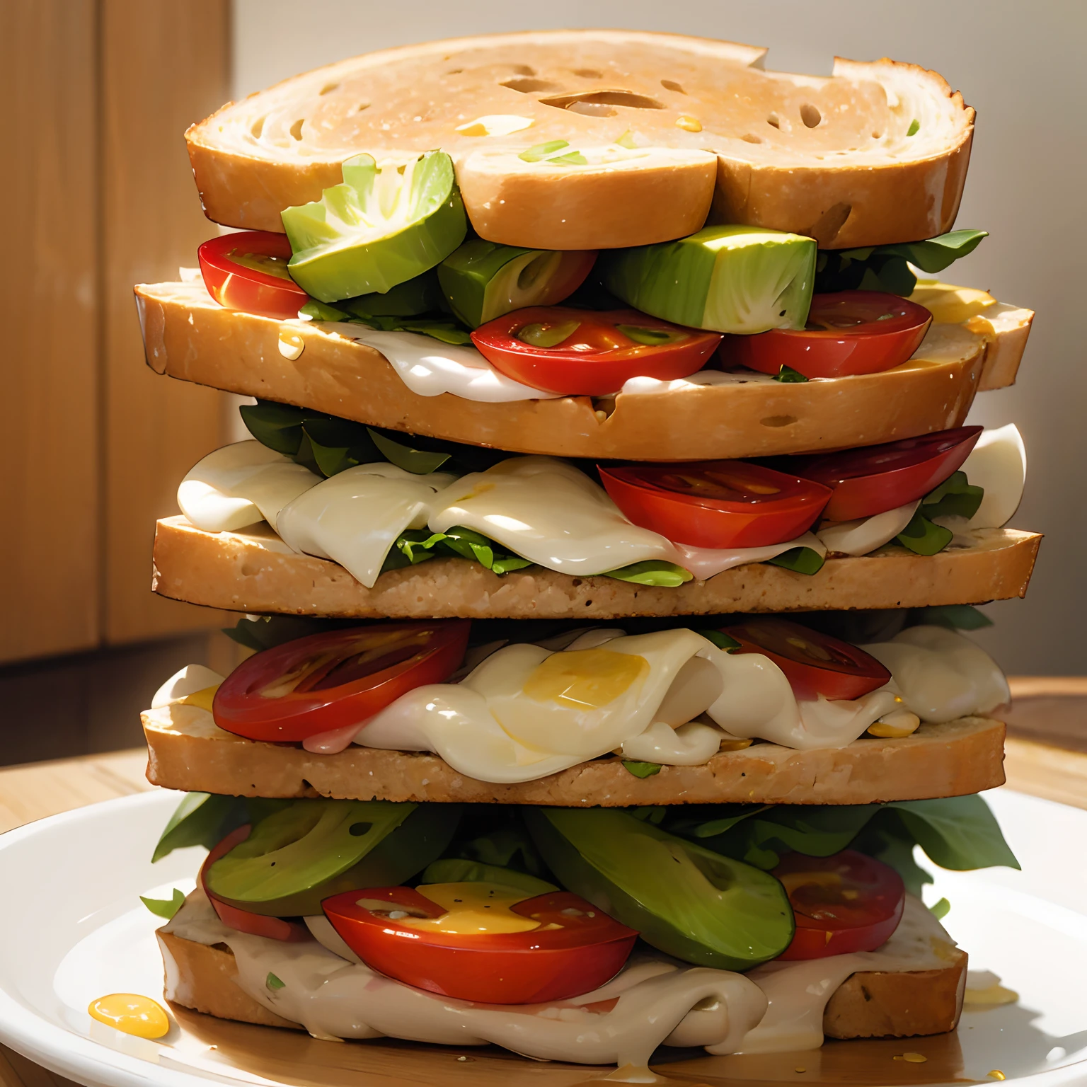 Healthy Omelet Sandwich,Omelet with whole wheat bread sandwich,Add lettuce、Tomatoes and avocados,Next、Sprinkle with a small amount of low-fat cheese,white backgrounid,topic