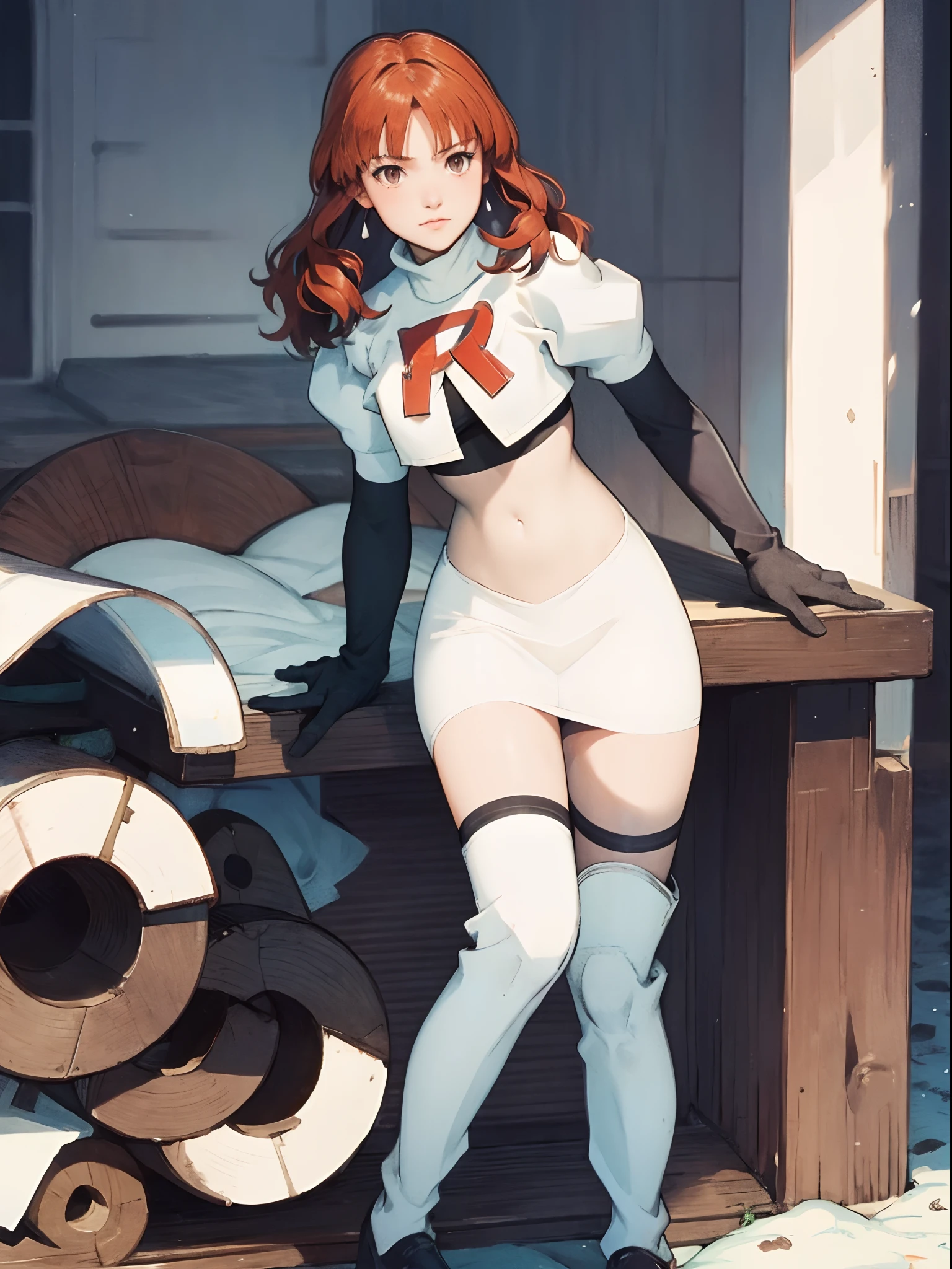 celica fe,1girl, team rocket ,team rocket uniform ,white skirt,crop top,thighhighs,elbow gloves,