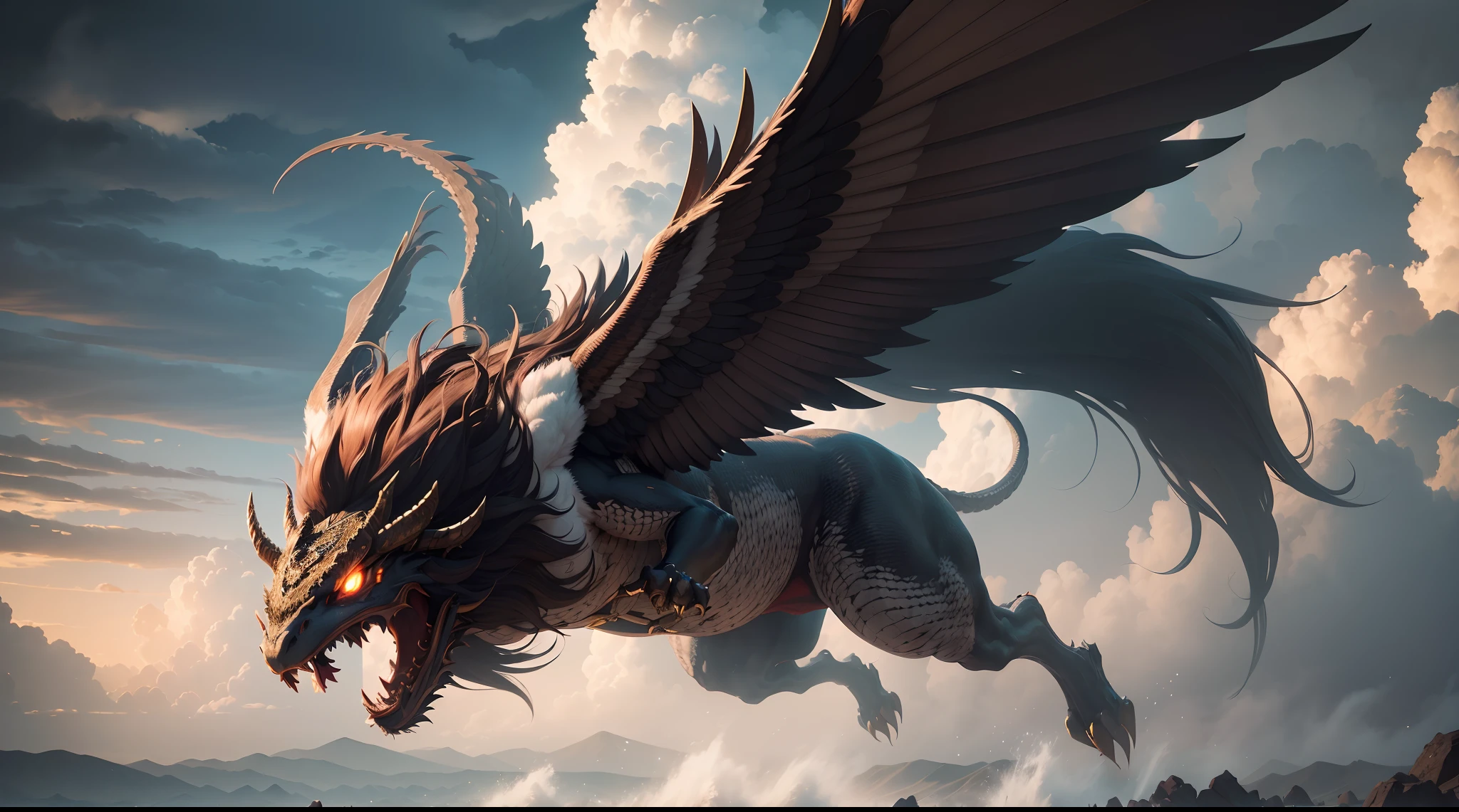 (The main subject: Wide-angle lens), (Best quality, A high resolution, Masterpiece:1.2), (Realistic:1.37), hdr,salama， [（chinesedragon+banya+flowing mane+sharp talons，fang)+(Powerful wings）], salama，dramatic clouds,(Deep depth of field), rich details​, (Wide sky), (sense of vastness),Energy and vitality, Intricate details.