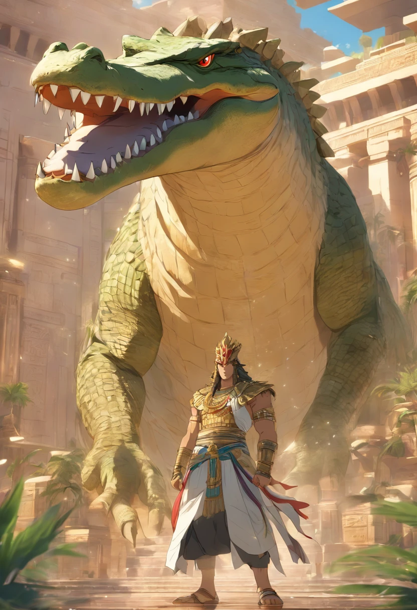 (((Man body and crocodile head))) best quality, very high resolution, 4K detailed CG, masterpiece, Egyptian mythology, Atum-Ra, sun in the background, Ancient Egypt, standing pose, crocodile head , white clothes, Egyptian clothes, Egyptian temple, desert, Ancient Egypt, ((crocodile head, man's body)), Egyptian palace, aesthetics, beautiful image, centered on screen, standing pose