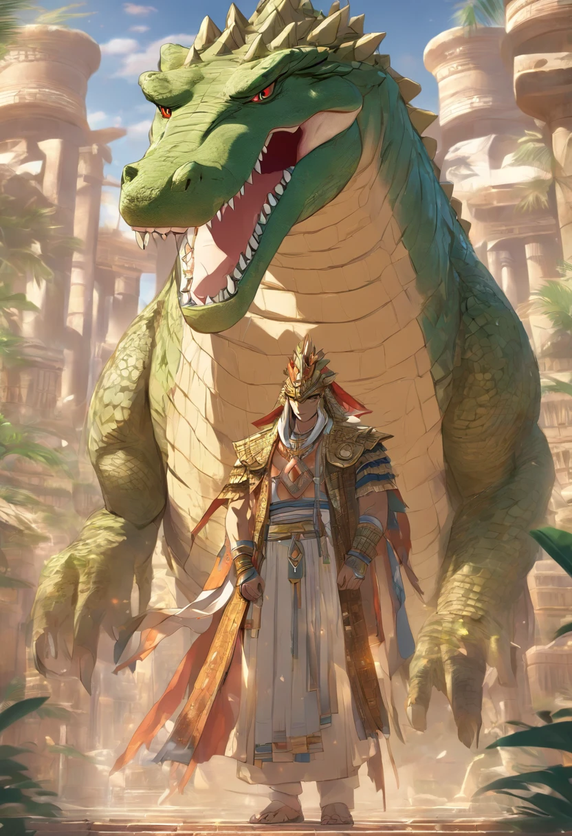 (((Man body and crocodile head))) best quality, very high resolution, 4K detailed CG, masterpiece, Egyptian mythology, Atum-Ra, sun in the background, Ancient Egypt, standing pose, crocodile head , white clothes, Egyptian clothes, Egyptian temple, desert, Ancient Egypt, ((crocodile head, man's body)), Egyptian palace, aesthetics, beautiful image, centered on screen, standing pose