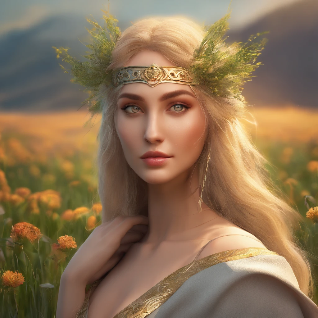 Greek Goddess Demeter,long blonde hair,Sun behind her head,standing in a green field,beautiful detailed eyes,beautiful detailed lips,extremely detailed eyes and face,longeyelashes,(best quality,4k,8k,highres,masterpiece:1.2),ultra-detailed,(realistic,photorealistic,photo-realistic:1.37),HDR,UHD,studio lighting,ultra-fine painting,sharp focus,physically-based rendering,extreme detail description,professional,vivid colors,bokeh,portraits,landscape,concept artists,warm color tones,soft,gentle lighting.