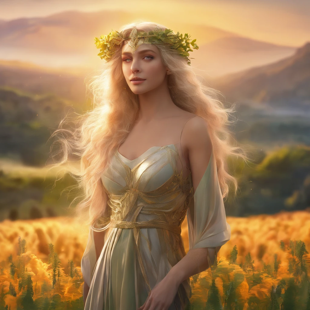 Greek Goddess Demeter,long blonde hair,Sun behind her head,standing in a green field,beautiful detailed eyes,beautiful detailed lips,extremely detailed eyes and face,longeyelashes,(best quality,4k,8k,highres,masterpiece:1.2),ultra-detailed,(realistic,photorealistic,photo-realistic:1.37),HDR,UHD,studio lighting,ultra-fine painting,sharp focus,physically-based rendering,extreme detail description,professional,vivid colors,bokeh,portraits,landscape,concept artists,warm color tones,soft,gentle lighting.