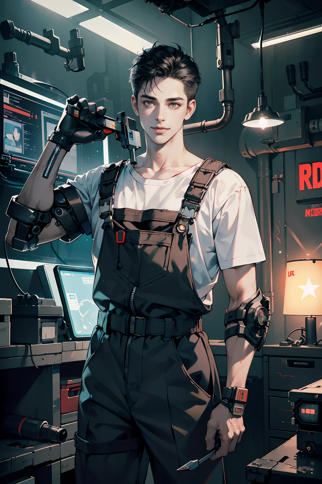 1 boy,Handsome face, perfect male body,look at the camera, smile,(male technician,wear overalls, with short black hair, in Repair room, mechanical arm,holding a repair tool in hand),(cyberpunk theme:1.3),background is tech Factory,Dim light,masterpiece,surreal 8K,half body, portrait,Ray tracing