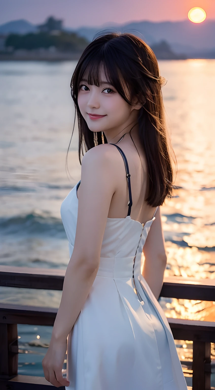 (top-quality,8K,masterpiece:1.3),(超A high resolution,Photorealsitic:1.4,RAW shooting),(ultra-detailliert,Caustics,perfect anatomia),(hyper detailed background,Ultra-realistic capture,beautifully detailed eyes),Stand on the pier above the sea,turned around,Backshots,Looking at the camera,1人,japanes,20yr old,kawaii,smil,pretty black hair,Long hair fluttering in the wind,White Dress,BREAK,beautiful ocean,,at the sunset,Sunset sky,(Sunset over the horizon),Water surface reflecting the setting sun,Magic Hour,Back lighting,The dim,pale light