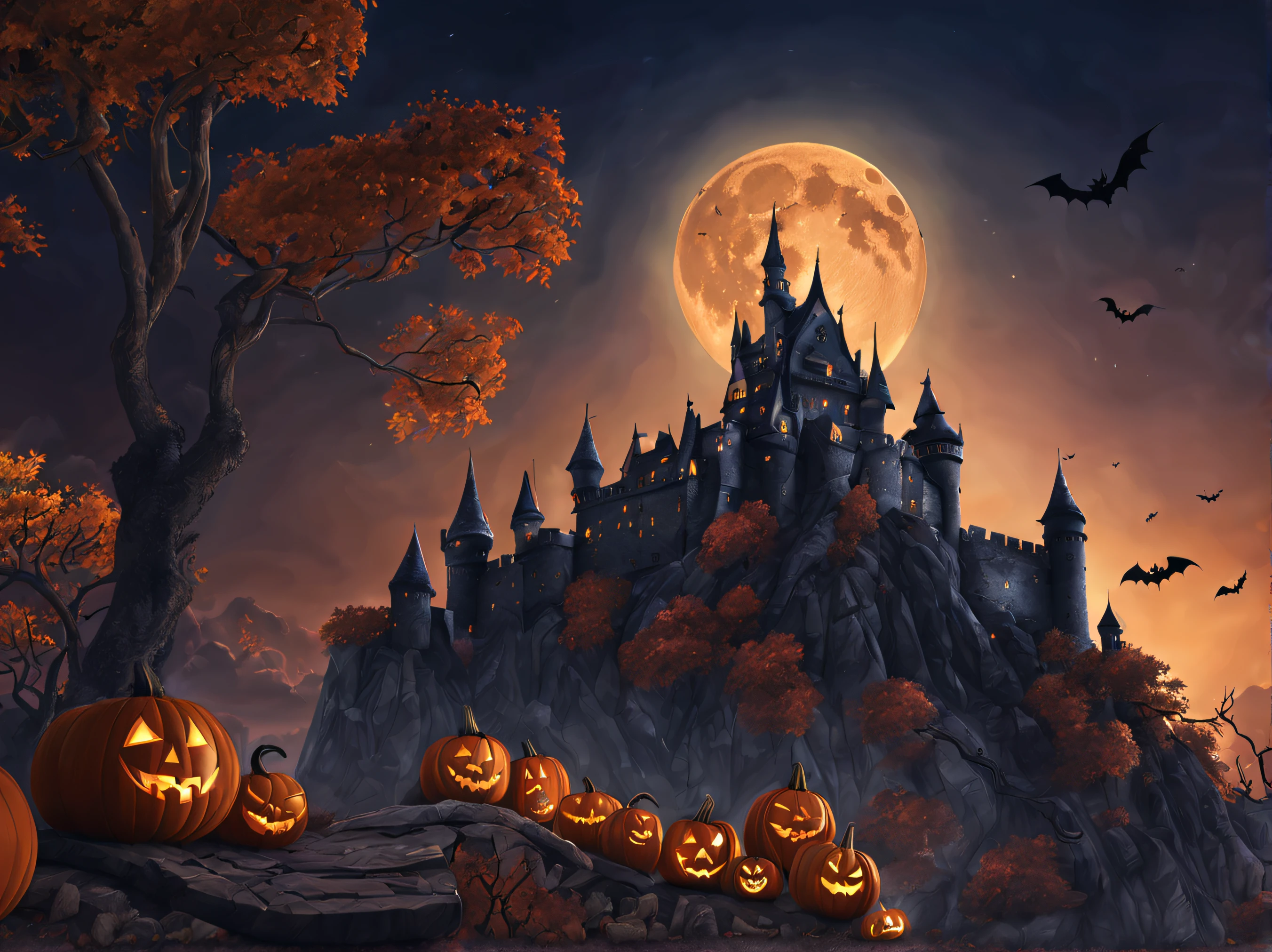 Halloween、Huge Full Moon、Halloween Poster、pumpkins、the bats、masterpiece、top-quality、top-quality、realisitic、8k 、Highly detailed CG、hight resolution、ultra-detailliert、finely detail、Moonlit Night Fantasy Fortress、lighting like a movie、 Jack-o'-lantern、Castles, Western castle at the top of the mountain、mont、withered huge branches