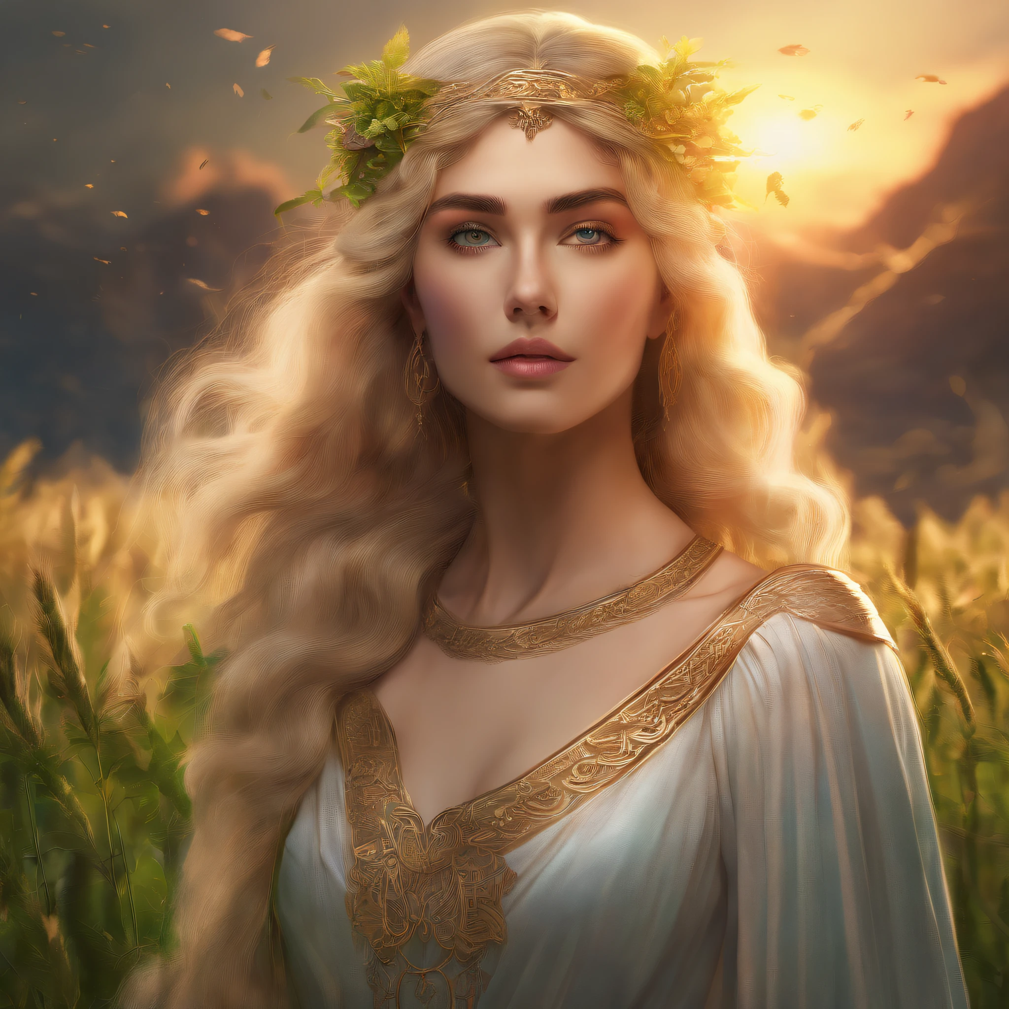 Greek Goddess Demeter,long blonde hair,Sun behind her head,standing in a green field,beautiful detailed eyes,beautiful detailed lips,extremely detailed eyes and face,longeyelashes,(best quality,4k,8k,highres,masterpiece:1.2),ultra-detailed,(realistic,photorealistic,photo-realistic:1.37),HDR,UHD,studio lighting,ultra-fine painting,sharp focus,physically-based rendering,extreme detail description,professional,vivid colors,bokeh,portraits,landscape,concept artists,warm color tones,soft,gentle lighting.