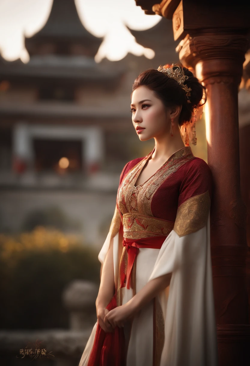 Best image quality, Masterpiece level, Ultra-high resolution, Realism, Fantasy theme, Weapons, Facial details, A girl, Single, hair-bun, Fairy tale theme, Upper body, Chinese architecture, Flame, Get detailed outdoor lighting and movie lighting, Add detailed overall ambient light, Face and eye details, Improve the realism of body details, Articulate sharp focus, Expressionless, White clothes, Burgundy hair, Bright eyes, Simple background.