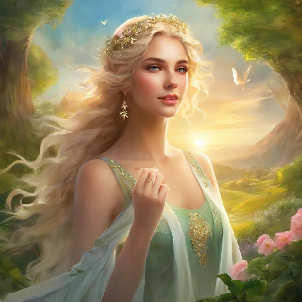 Greek Goddess Demeter,long blonde hair,green fields,sun behind her head,natural environment,sunlight filtering through trees,butterflies and flowers,serene expression,flowing white dress,gentle breeze,rays of light,ethereal atmosphere,(best quality,4k,8k,highres,masterpiece:1.2),ultra-detailed,(realistic,photorealistic,photo-realistic:1.37),vivid colors,soft pastel palette,harmonious blending of hues,subtle shadows,dreamlike lighting