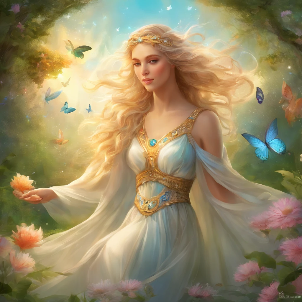 Greek Goddess Demeter,long blonde hair,green fields,sun behind her head,natural environment,sunlight filtering through trees,butterflies and flowers,serene expression,flowing white dress,gentle breeze,rays of light,ethereal atmosphere,(best quality,4k,8k,highres,masterpiece:1.2),ultra-detailed,(realistic,photorealistic,photo-realistic:1.37),vivid colors,soft pastel palette,harmonious blending of hues,subtle shadows,dreamlike lighting