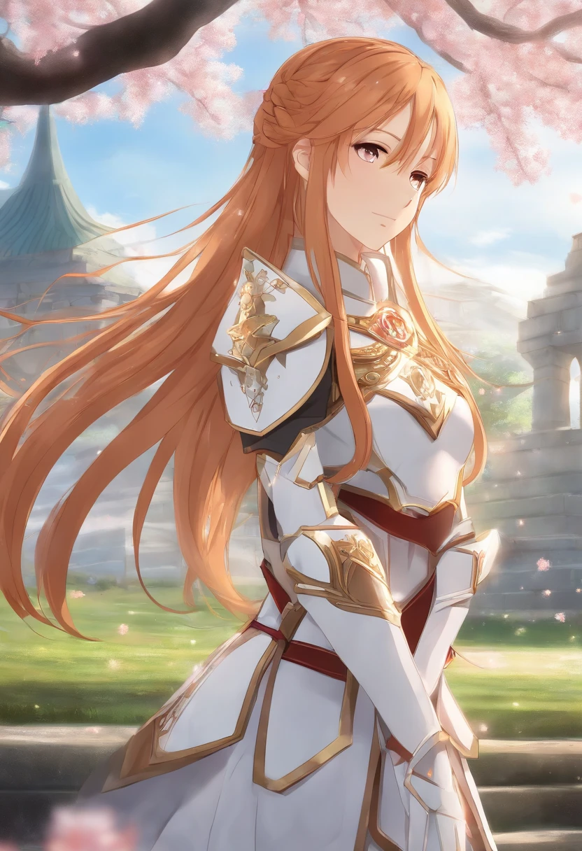 Asuna, ((Masterpiece)), A high resolution, Asuna (As estrelas), crown braid, Light orange hair, Armor, Cherry blossoms, Dutch angle