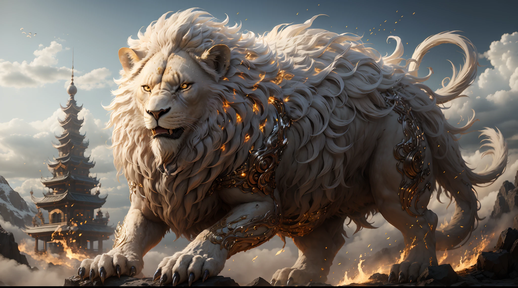 Great Wilderness East Meridian,dream-state、fanciful、the Lion、banya,tmasterpiece,Toenails,sickle,salama,Layered hair,White fur,Riding,metals,超高分辨率,high high quality,Export details