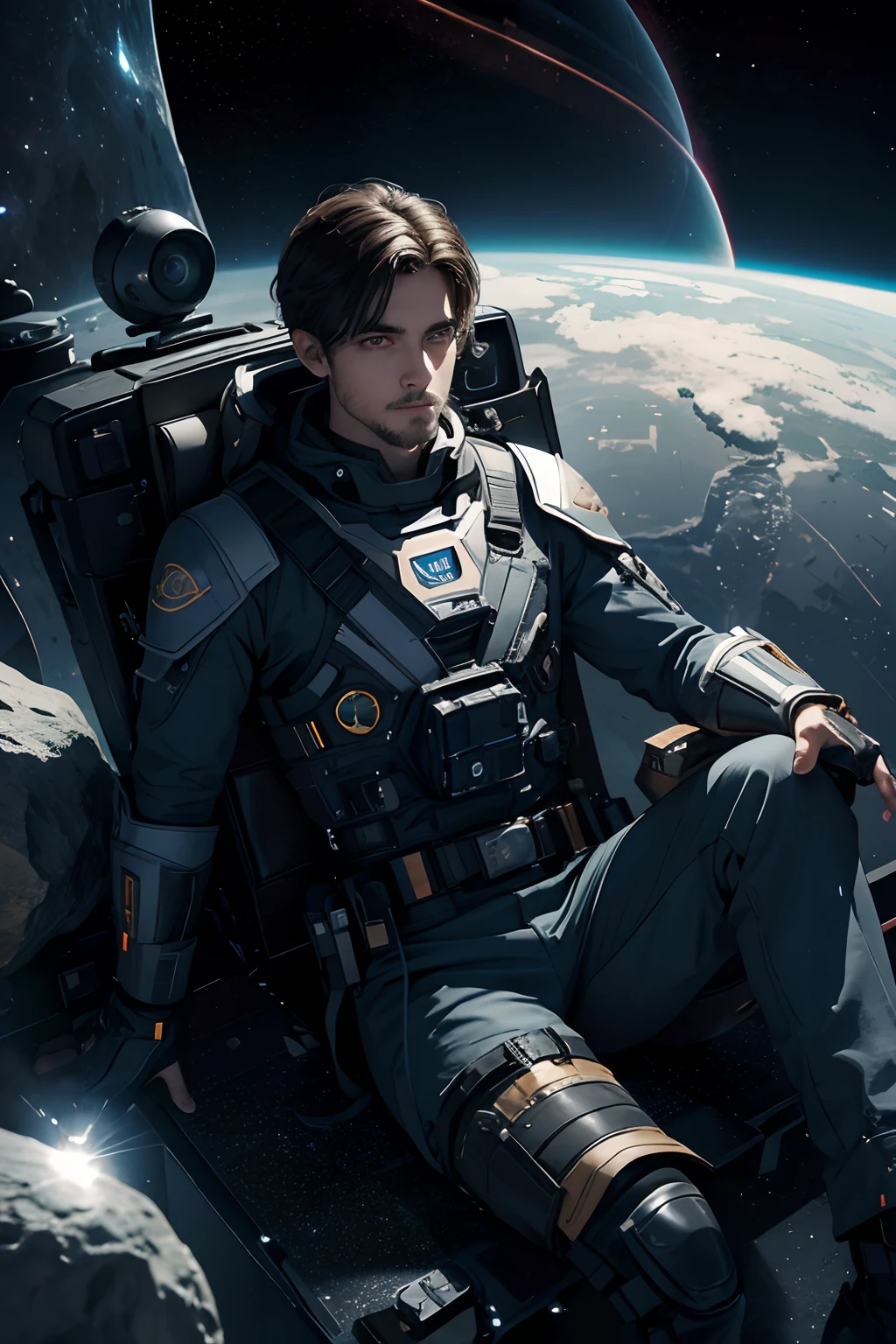 Draw a young programmer, sitting on a research platform floating in the middle of an asteroid belt. He is studying with a notebook, surrounded by several asteroids glowing with fiery auras. Dramatic lighting from distant stars and planets illuminates the scene, casting deep shadows on the suit. The young boy looks confident and determined, looking at the vast and mysterious universe with wonder and respect,facial hair, realisticshot,