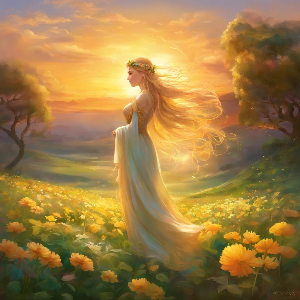 Demeter,goddess,body seen from behind with arms raised and surrounded by yellow glowing sun, flowing blonde hair, standing tall in the middle of a lush green field, dressed in a flowing white gown, delicate flowers scattered all around her feet. The sunlight bathes the entire scene, casting warm golden hues on the surroundings. The grass sways gently under a light breeze, creating a sense of tranquility and peace. Demeter's presence exudes power and grace, as if she holds the key to nature's abundance. The intricate details of her beautiful face and mesmerizing eyes capture the viewer's attention. The colors are vivid and vibrant, with a slight hint of warmth, enhancing the overall atmosphere. The lighting is soft and diffused, creating a gentle glow that emphasizes the goddess's divine aura. The painting is a masterpiece, created with the best quality standards, ensuring a high-resolution