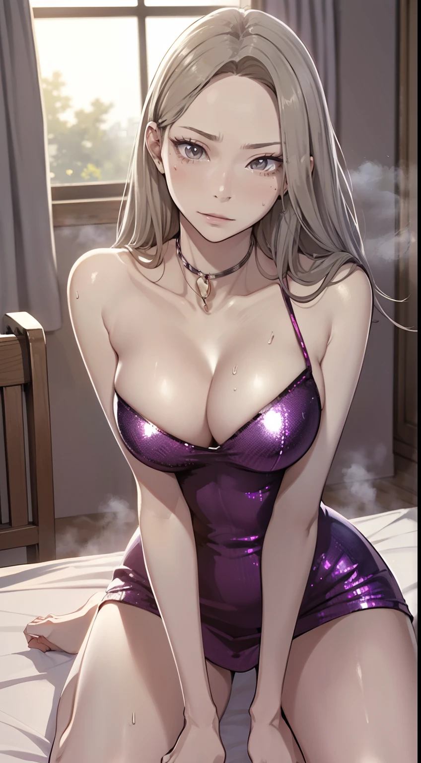Beautiful girl in sexy sequin halter neck party dress lying seductively on hotel bed, Cute smile, cleavage, Big breasts, Jewelry, Rich, Elegant, Attractive, 16 K, nffsw, nffsw, Raiden General, Best Quality, masutepiece. (Cinematic Digital Artwork: 1.3), High quality, masutepiece, of the highest quality, Super Detail, Illustration, [4K Digital Art]、 lndswgnr, (Sharp Focus: 1.5), (Moody lighting:1.2), depth of fields, Bokeh, 4K 、(masutepiece:1.3), High resolution, ultra-detailliert, the Extremely Detailed CG Unity 8K Wallpapers, Realistic, Photorealsitic, Raw photo, beautifull detailed face, pale skin, realistic glistening skin, Detailed Cloth Texture, detailed hair texture, Perfect body, Beautiful face, acurate, Anatomically correct, Highly detailed face and skin texture, Natural neck length, (Beautiful hands), (Fair skin:1.2), thin legs, Thin feet, Detailed people、A detailed face、细致背景、((steam,sweat)