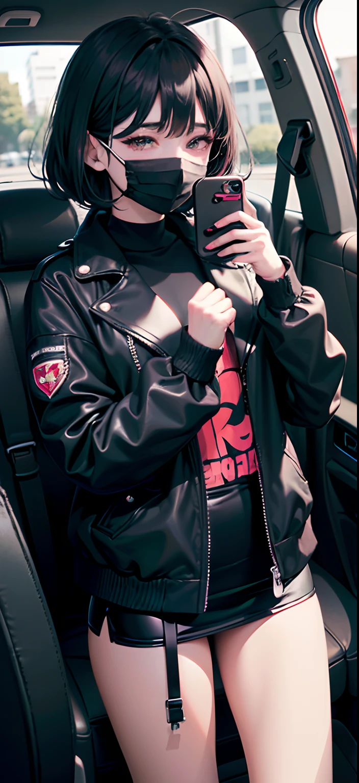 Arad woman wearing black jacket and cell phone in car, Female Urzan, Shin Jinying, jinyoung shin aesthetic, 1 - little boy ing face, Kim Do-young, Wearing an all-black door wave mask, ulzzangs, jungkook, The girl has short black hair, pornographic lingerie, kanliu666