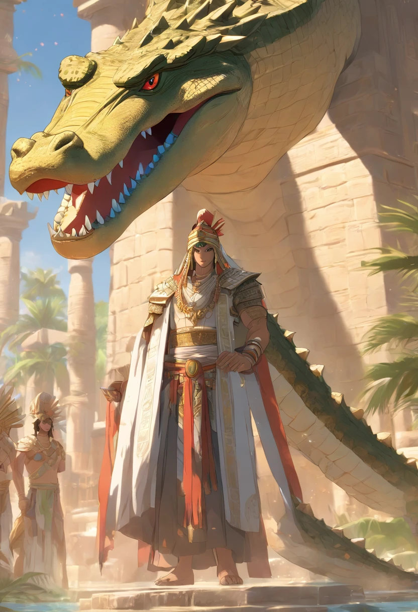 (((Man body and crocodile head))), best quality, very high resolution, 4K detailed CG, masterpiece, Egyptian mythology, SOBEK, sun in the background, Ancient Egypt, standing pose, crocodile head, white clothes, Egyptian clothes, Egyptian Temple, desert, Ancient Egypt, ((crocodile head, man's body)), aesthetics, beautiful image, centered on the screen, standing pose