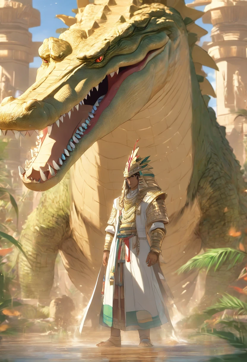 (((Man body and crocodile head))), best quality, very high resolution, 4K detailed CG, masterpiece, Egyptian mythology, SOBEK, sun in the background, Ancient Egypt, standing pose, crocodile head, white clothes, Egyptian clothes, Egyptian Temple, desert, Ancient Egypt, ((crocodile head, man's body)), aesthetics, beautiful image, centered on the screen, standing pose