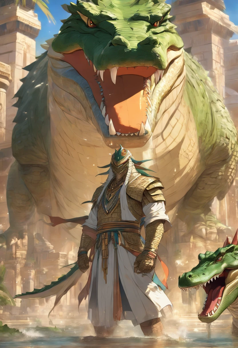 (((Man body and crocodile head))), best quality, very high resolution, 4K detailed CG, masterpiece, Egyptian mythology, SOBEK, sun in the background, Ancient Egypt, standing pose, crocodile head, white clothes, Egyptian clothes, Egyptian Temple, desert, Ancient Egypt, ((crocodile head, man's body)), aesthetics, beautiful image, centered on the screen, standing pose