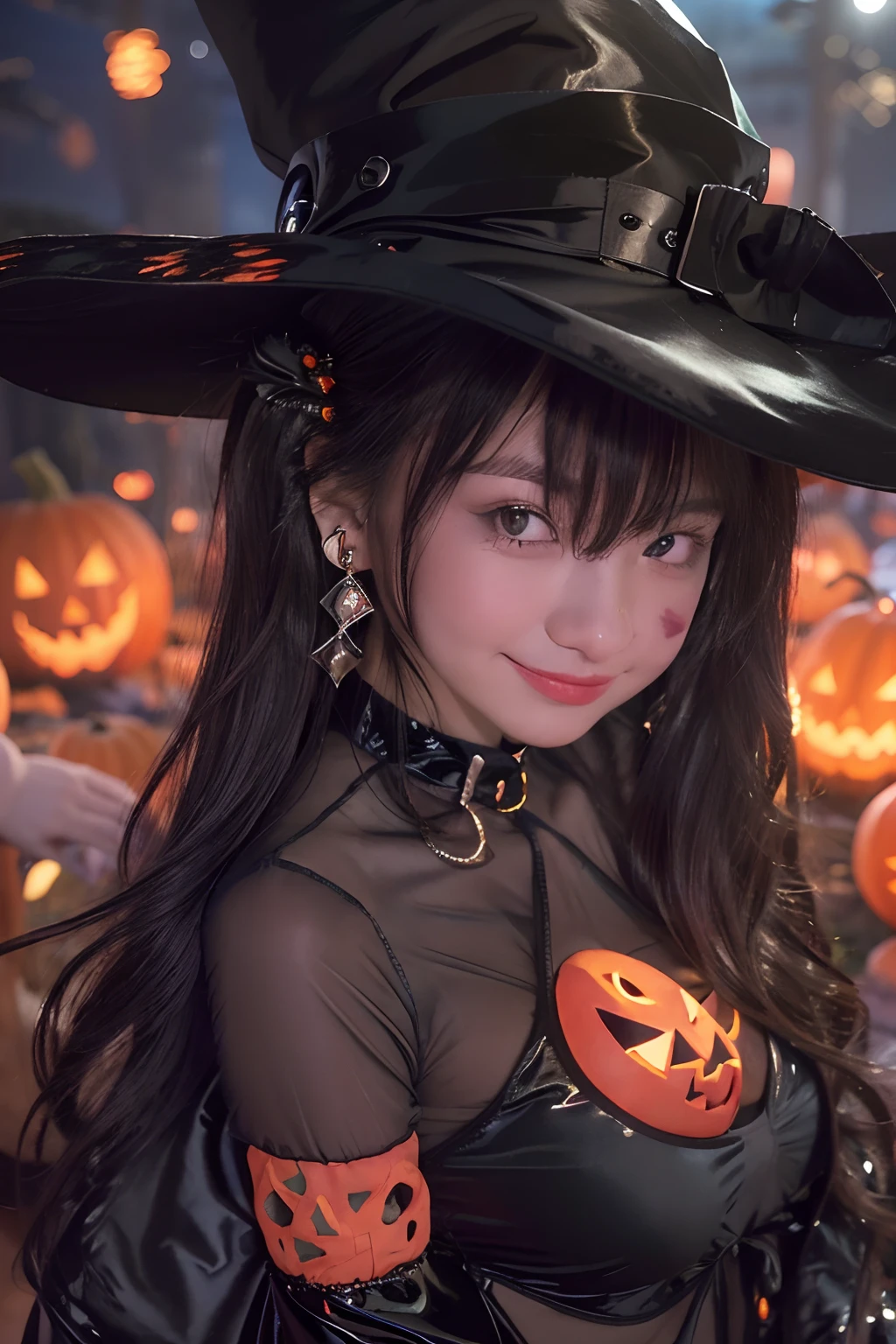 masutepiece, Best Quality, (Low Angle Full Body Shot:1.3), Ultra Wide Shot、FULL BODYSHOT、Right-leaning composition、8K, Textured skin、The ultra -The high-definition、Detailed eye description、15yo student, Raw photo, Night, neons,a short bob、a black choker、Black Lace Super Mini Dress、Cat's tail、see -through、Girl in Halloween costume、Wizard Hat、dance、Pumpkin World、Sorcerer、Idol face, violaceaess, gardeniass, Delicate girl,Digital SLR,embarrassed from, Show your teeth and smile, Thin arms, (Bokeh:1.1)