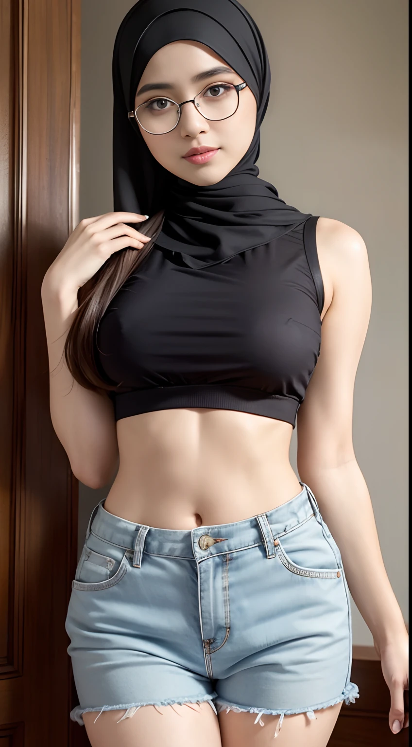 (iu:0.8).cleavage, RAW, Best quality, high resolution, Masterpiece: 1.3, two Beautiful glasses hijabi java girls wearing croptop and boyshort, Masterpiece, Soft smile