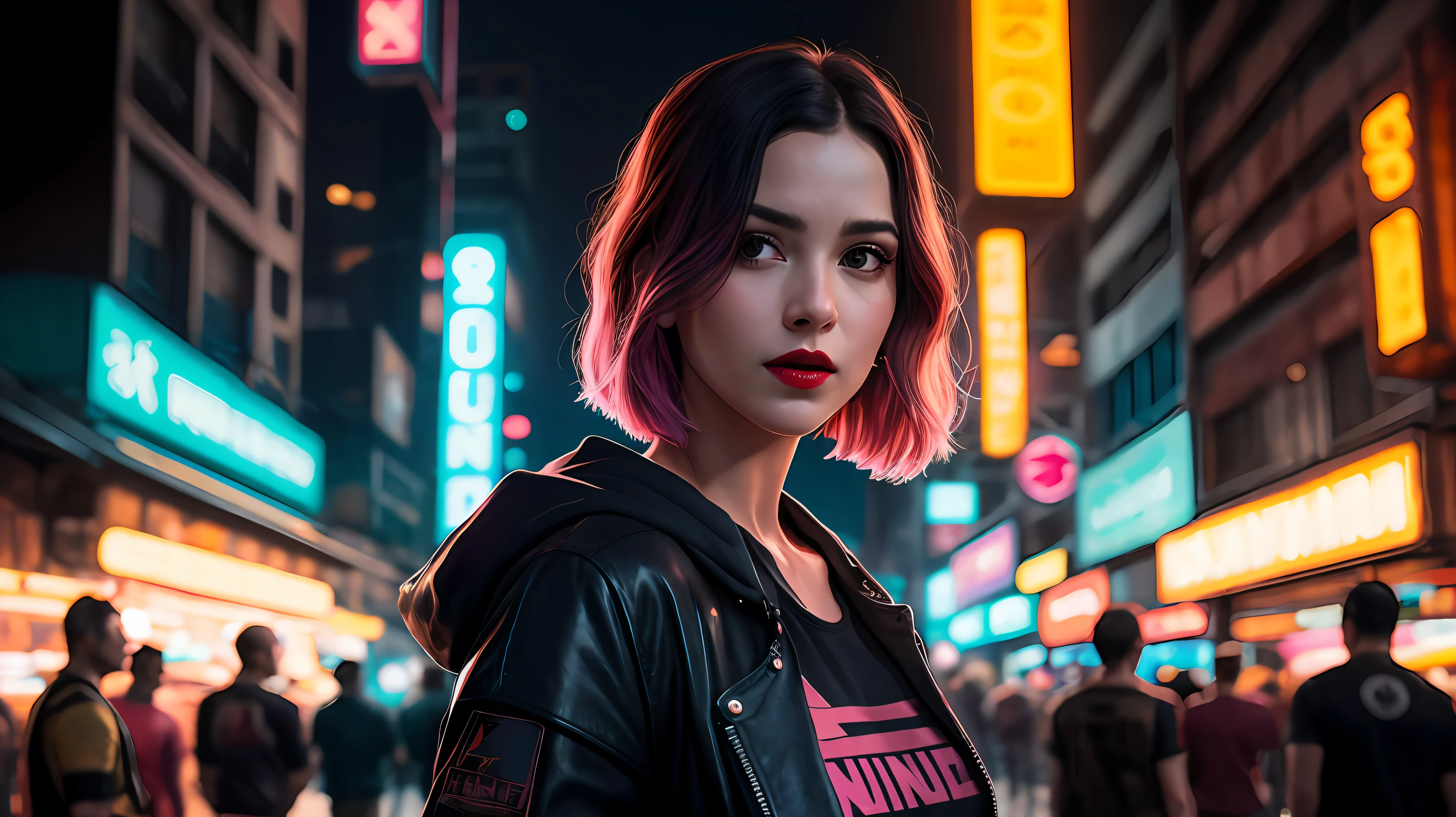Close-up, neve, blade runner aesthetics, cena de blade runner, uma supermodelo muito bonita, louro, com quadris muito largos e cintura estreita, full lips, cintura pequena e quadris grandes, Red lipstick, com roupas cyberpunk em uma cidade cyberpunk movimentada com placas de neon, neon lights, foco nítido, Studio photo, detalhes intrincados, altamente detalhado, profundidade de campo, foco nítido, High detail, textura de pele realista, Realistic, fotorrealista, Arte Digital, tinta escura, Directed by: Greg Rutkowski