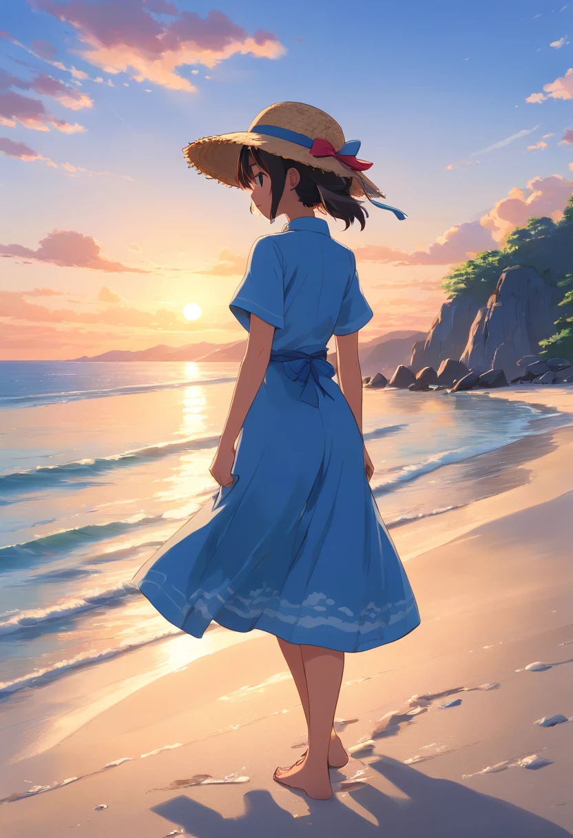 best quality, masterpiece, extremely detailed, high res, 8k, ultra high res, detailed shadow, ultra realistic, realistic, dramatic lighting, Wearing a neat blue dress and straw hat on the beach, (Beautiful Japan female), smile, Profile seen from behind, (Backlight at sunset)