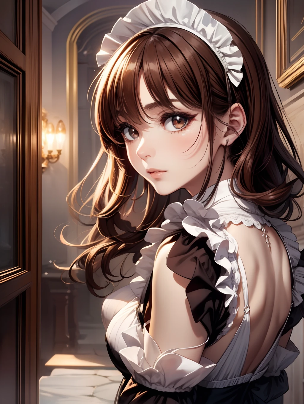 Best Quality, masutepiece, beautiful mature women、Beautiful face、Strong-minded woman、brown haired、(Brown-eyed)、Longhaire、Undersized eyes、(((Edwardian maid)))、poneyTail