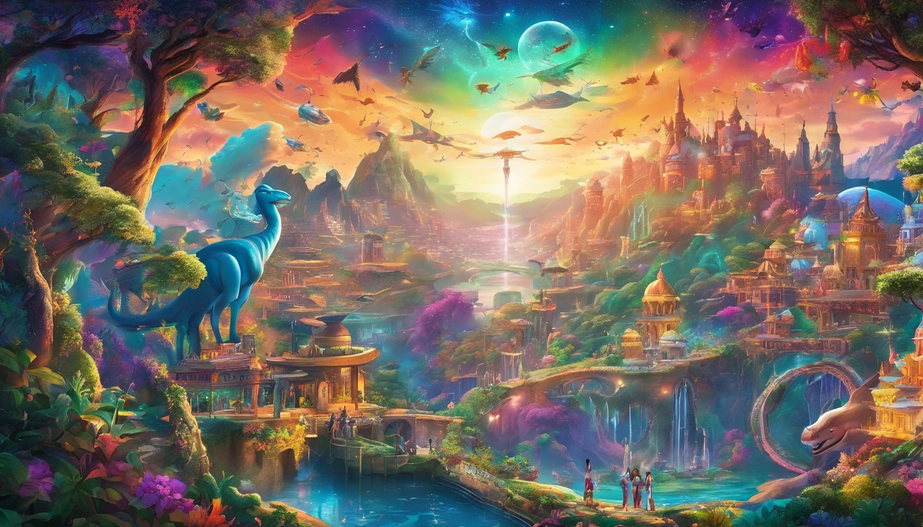 (best quality,4k,8k,highres,masterpiece:1.2),ultra-detailed,(realistic,photorealistic,photo-realistic:1.37),dreamworld,colorful music,riding dinosaurs,performing ninjas,airships in sky with beautiful galaxy,ninjas jumping and flying,ancient city with towering buildings,magical floating islands,lush greenery,sparkling waterfalls,twinkling stars,ethereal atmosphere,vibrant colors,impressive lighting,huge creatures,whimsical landscapes,awe-inspiring scenery,mystical energy,magical aura,surreal settings,mesmerizing harmony,awe-inspiring beauty,dynamic composition,harmonious blend of elements,immersive experience,visually stunning,magical and intriguing.