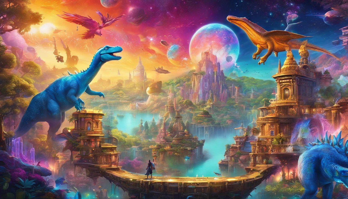 (best quality,4k,8k,highres,masterpiece:1.2),ultra-detailed,(realistic,photorealistic,photo-realistic:1.37),dreamworld,colorful music,riding dinosaurs,performing ninjas,airships in sky with beautiful galaxy,ninjas jumping and flying,ancient city with towering buildings,magical floating islands,lush greenery,sparkling waterfalls,twinkling stars,ethereal atmosphere,vibrant colors,impressive lighting,huge creatures,whimsical landscapes,awe-inspiring scenery,mystical energy,magical aura,surreal settings,mesmerizing harmony,awe-inspiring beauty,dynamic composition,harmonious blend of elements,immersive experience,visually stunning,magical and intriguing.