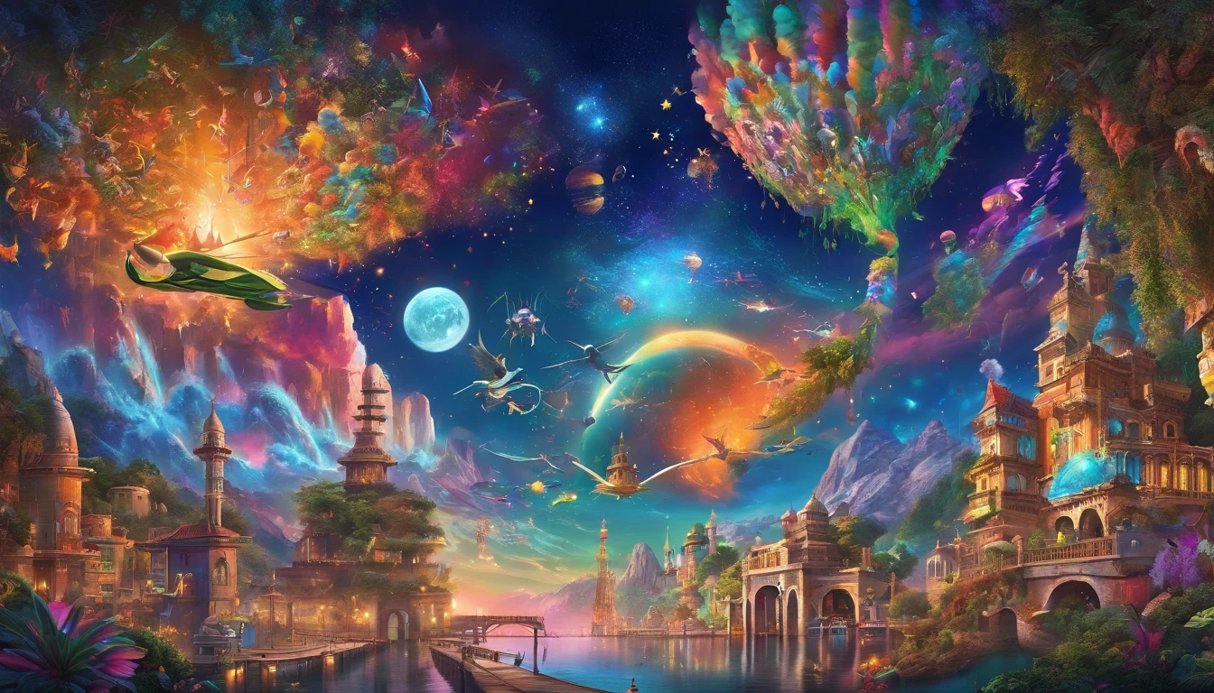 (best quality,4k,8k,highres,masterpiece:1.2),ultra-detailed,(realistic,photorealistic,photo-realistic:1.37),dreamworld,colorful music,riding dinosaurs,performing ninjas,airships in sky with beautiful galaxy,ninjas jumping and flying,ancient city with towering buildings,magical floating islands,lush greenery,sparkling waterfalls,twinkling stars,ethereal atmosphere,vibrant colors,impressive lighting,huge creatures,whimsical landscapes,awe-inspiring scenery,mystical energy,magical aura,surreal settings,mesmerizing harmony,awe-inspiring beauty,dynamic composition,harmonious blend of elements,immersive experience,visually stunning,magical and intriguing.