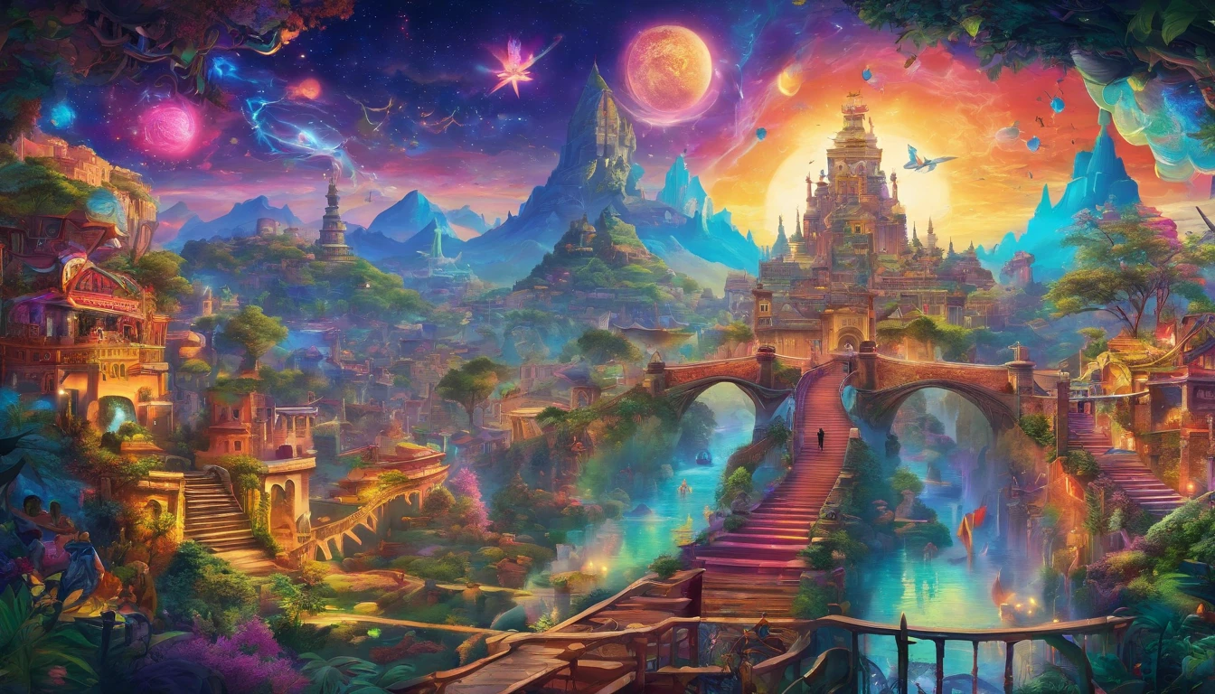(best quality,4k,8k,highres,masterpiece:1.2),ultra-detailed,(realistic,photorealistic,photo-realistic:1.37),dreamworld,colorful music,riding dinosaurs,performing ninjas,airships in sky with beautiful galaxy,ninjas jumping and flying,ancient city with towering buildings,magical floating islands,lush greenery,sparkling waterfalls,twinkling stars,ethereal atmosphere,vibrant colors,impressive lighting,huge creatures,whimsical landscapes,awe-inspiring scenery,mystical energy,magical aura,surreal settings,mesmerizing harmony,awe-inspiring beauty,dynamic composition,harmonious blend of elements,immersive experience,visually stunning,magical and intriguing.