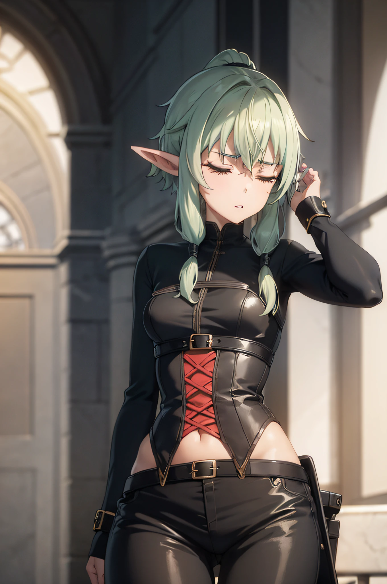 pointy ears, green hair, green eyes, short hair, short hair with long locks,(absurdres, highres, ultra detailed, masterpiece, best quality), (detailed background), (beautiful detailed face), high contrast, (best illumination, an extremely delicate and beautiful), ((cinematic light)), dramatic light, hyper detail, intricate details, BREAK (1girl, woman, solo, closed eyes, embarrassed, sexy, gorgeous, elegant, (nsfw:1.2, nude), medium breasts, (bdsm, bondage:1.2), arms up), BREAK (long ponytail hair,, long hair, straight hair, , dark lips, makeup, puffy lips, parted lips), BREAK standing, tied with leather straps, tied to pole, pants pull, shirt lift, latex, torn clothes, choker, BREAK looking away, cowboy shot, BREAK indoors, concrete wall, dark room, cage, wooden floor, dark room,