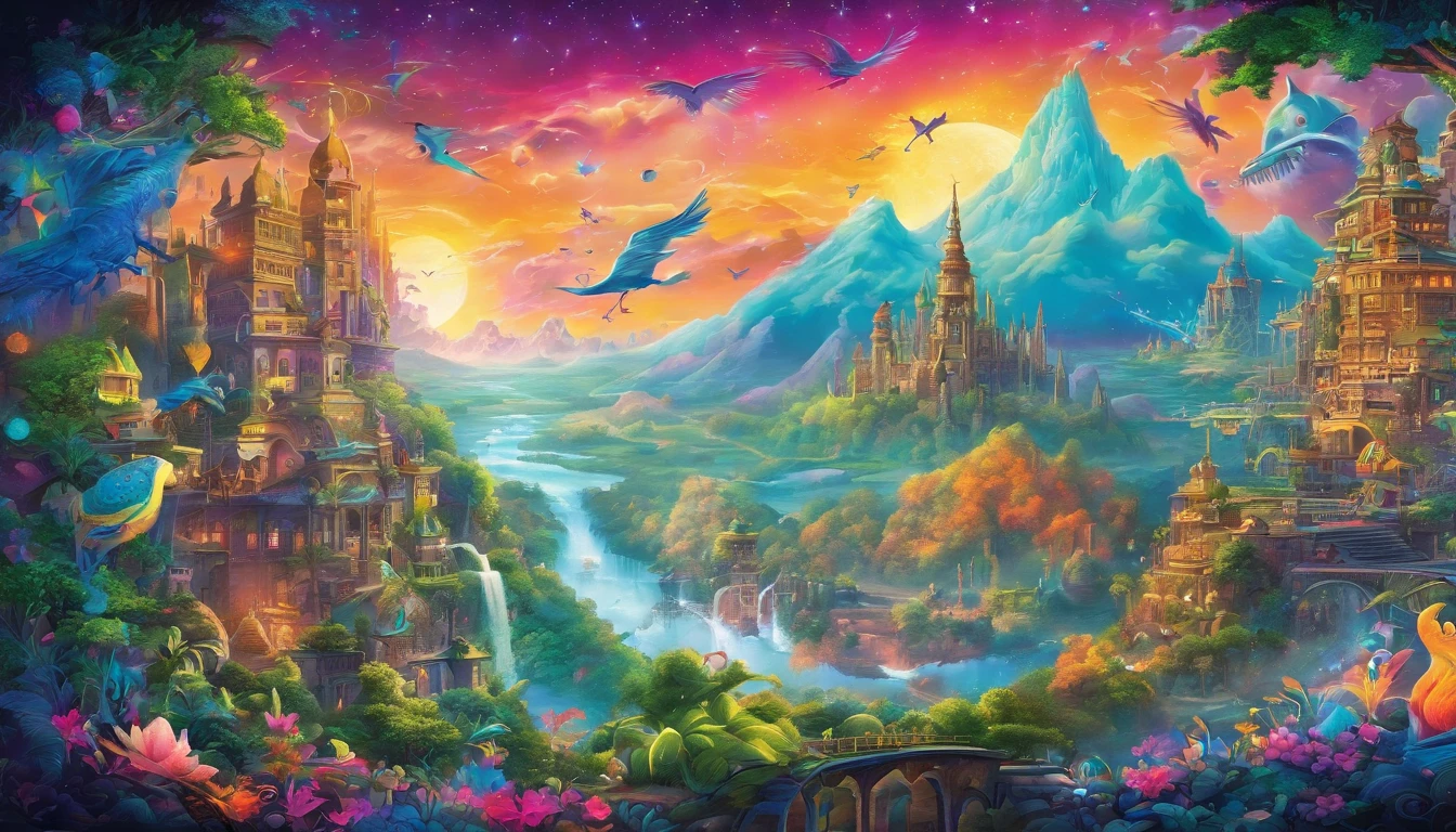 (best quality,4k,8k,highres,masterpiece:1.2),ultra-detailed,(realistic,photorealistic,photo-realistic:1.37),dreamworld,colorful music,riding dinosaurs,performing ninjas,airships in sky with beautiful galaxy,ninjas jumping and flying,ancient city with towering buildings,magical floating islands,lush greenery,sparkling waterfalls,twinkling stars,ethereal atmosphere,vibrant colors,impressive lighting,huge creatures,whimsical landscapes,awe-inspiring scenery,mystical energy,magical aura,surreal settings,mesmerizing harmony,awe-inspiring beauty,dynamic composition,harmonious blend of elements,immersive experience,visually stunning,magical and intriguing.