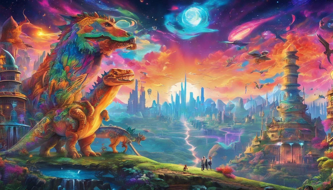 (best quality,4k,8k,highres,masterpiece:1.2),ultra-detailed,(realistic,photorealistic,photo-realistic:1.37),dreamworld,colorful music,riding dinosaurs,performing ninjas,airships in sky with beautiful galaxy,ninjas jumping and flying,ancient city with towering buildings,magical floating islands,lush greenery,sparkling waterfalls,twinkling stars,ethereal atmosphere,vibrant colors,impressive lighting,huge creatures,whimsical landscapes,awe-inspiring scenery,mystical energy,magical aura,surreal settings,mesmerizing harmony,awe-inspiring beauty,dynamic composition,harmonious blend of elements,immersive experience,visually stunning,magical and intriguing.