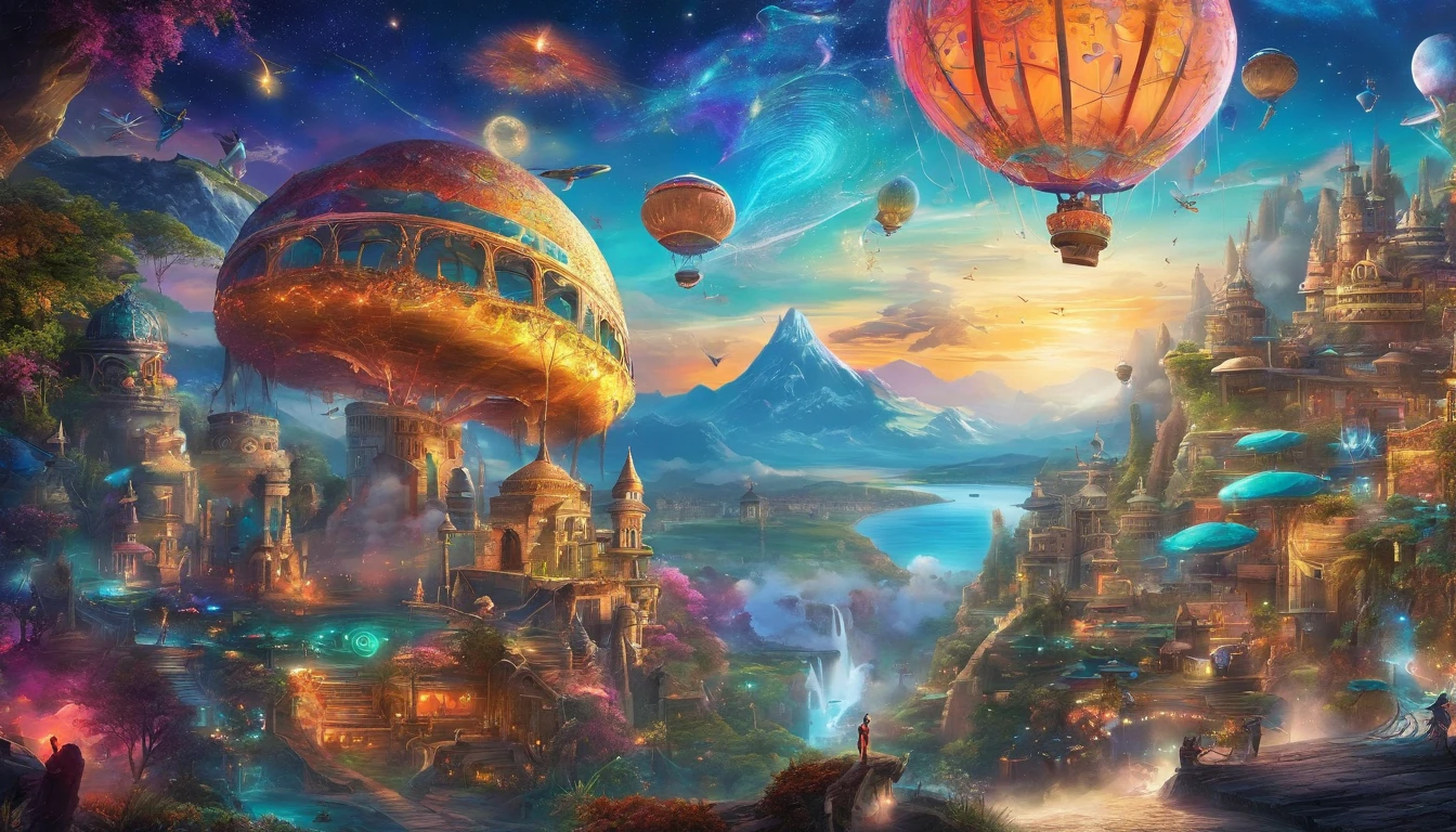 (best quality,4k,8k,highres,masterpiece:1.2),ultra-detailed,(realistic,photorealistic,photo-realistic:1.37),dreamworld,colorful music,riding dinosaurs,performing ninjas,airships in sky with beautiful galaxy,ninjas jumping and flying,ancient city with towering buildings,magical floating islands,lush greenery,sparkling waterfalls,twinkling stars,ethereal atmosphere,vibrant colors,impressive lighting,huge creatures,whimsical landscapes,awe-inspiring scenery,mystical energy,magical aura,surreal settings,mesmerizing harmony,awe-inspiring beauty,dynamic composition,harmonious blend of elements,immersive experience,visually stunning,magical and intriguing.