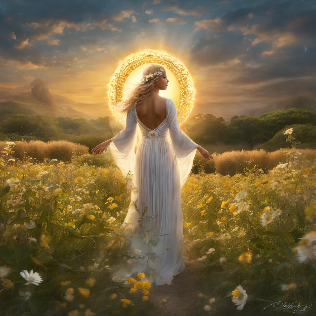 Demeter,goddess,body seen from behind with arms raised and surrounded by yellow glowing sun, flowing blonde hair, standing tall in the middle of a lush green field, dressed in a flowing white gown, delicate flowers scattered all around her feet. The sunlight bathes the entire scene, casting warm golden hues on the surroundings. The grass sways gently under a light breeze, creating a sense of tranquility and peace. Demeter's presence exudes power and grace, as if she holds the key to nature's abundance. The intricate details of her beautiful face and mesmerizing eyes capture the viewer's attention. The colors are vivid and vibrant, with a slight hint of warmth, enhancing the overall atmosphere. The lighting is soft and diffused, creating a gentle glow that emphasizes the goddess's divine aura. The painting is a masterpiece, created with the best quality standards, ensuring a high-resolution