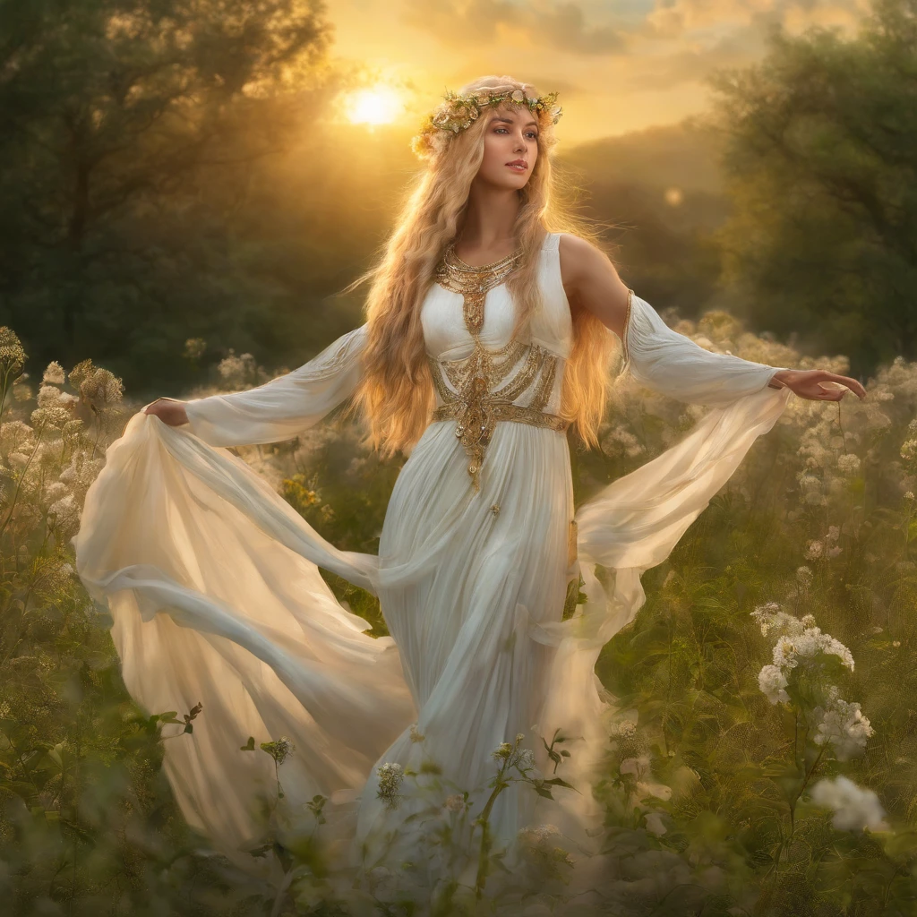 Demeter,goddess,body seen from behind with arms raised and surrounded by yellow glowing sun, flowing blonde hair, standing tall in the middle of a lush green field, dressed in a flowing white gown, delicate flowers scattered all around her feet. The sunlight bathes the entire scene, casting warm golden hues on the surroundings. The grass sways gently under a light breeze, creating a sense of tranquility and peace. Demeter's presence exudes power and grace, as if she holds the key to nature's abundance. The intricate details of her beautiful face and mesmerizing eyes capture the viewer's attention. The colors are vivid and vibrant, with a slight hint of warmth, enhancing the overall atmosphere. The lighting is soft and diffused, creating a gentle glow that emphasizes the goddess's divine aura. The painting is a masterpiece, created with the best quality standards, ensuring a high-resolution