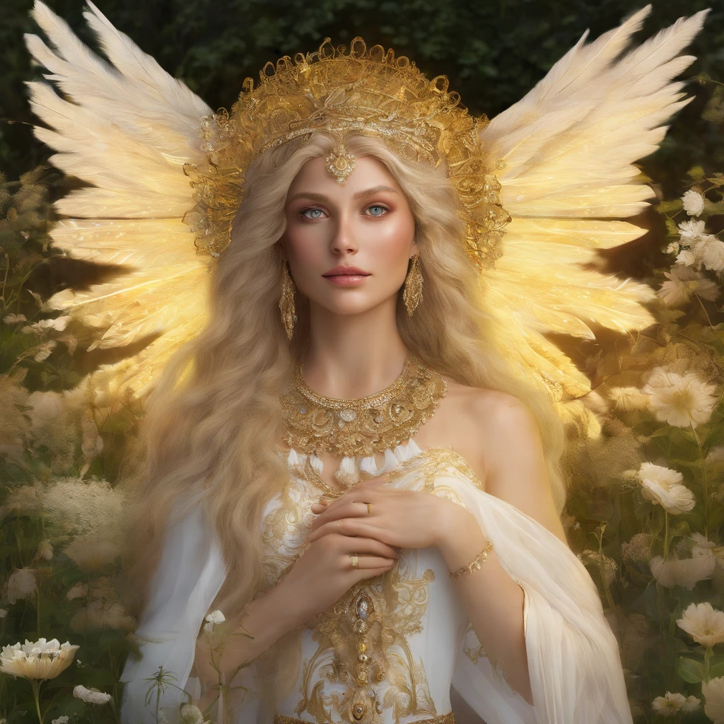Demeter,goddess,body seen from behind with arms raised and surrounded by yellow glowing sun, flowing blonde hair, standing tall in the middle of a lush green field, dressed in a flowing white gown, delicate flowers scattered all around her feet. The sunlight bathes the entire scene, casting warm golden hues on the surroundings. The grass sways gently under a light breeze, creating a sense of tranquility and peace. Demeter's presence exudes power and grace, as if she holds the key to nature's abundance. The intricate details of her beautiful face and mesmerizing eyes capture the viewer's attention. The colors are vivid and vibrant, with a slight hint of warmth, enhancing the overall atmosphere. The lighting is soft and diffused, creating a gentle glow that emphasizes the goddess's divine aura. The painting is a masterpiece, created with the best quality standards, ensuring a high-resolution