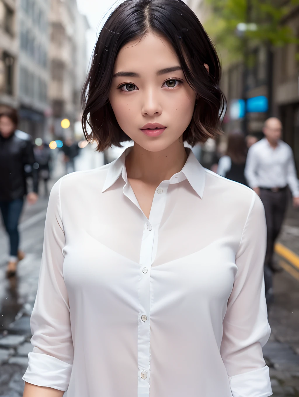 ((Best Quality, 8K, Masterpiece: 1.3)), Sharp: 1.2, Perfect Body Beauty: 1.4, Slim Abs: 1.2, ((Layered Hairstyle, Big Breasts: 1.2)), (Wet White Button Long Shirt: 1.1), (Rain, Street: 1.2), Wet: 1.5, Highly detailed face and skin texture, detailed eyes, double eyelids, side face looking at the camera