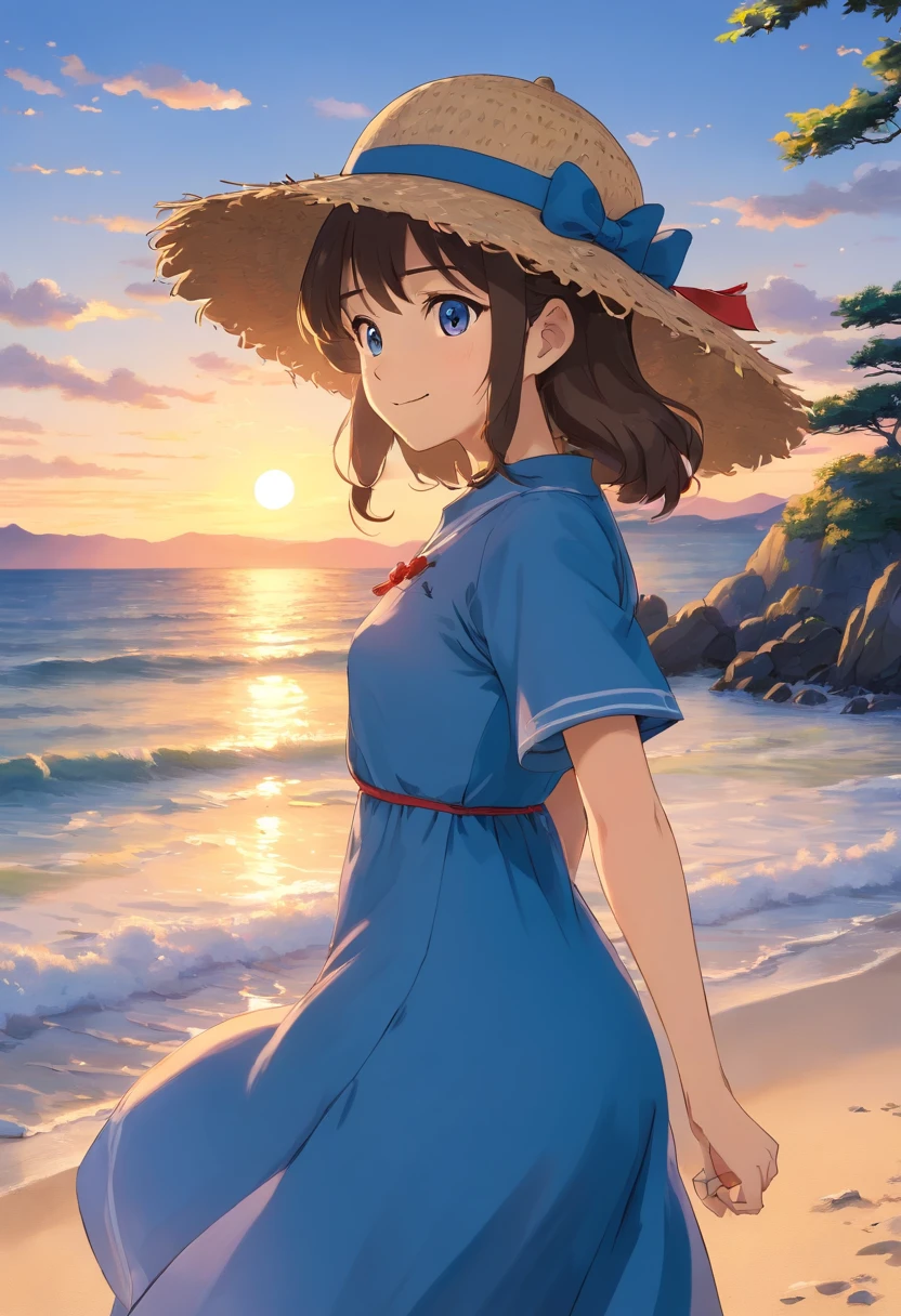 best quality, masterpiece, extremely detailed, high res, 8k, ultra high res, detailed shadow, ultra realistic, realistic, dramatic lighting, Wearing a neat blue dress and straw hat on the beach, (Beautiful Japan female), smile, Profile seen from behind, (Backlight at sunset)