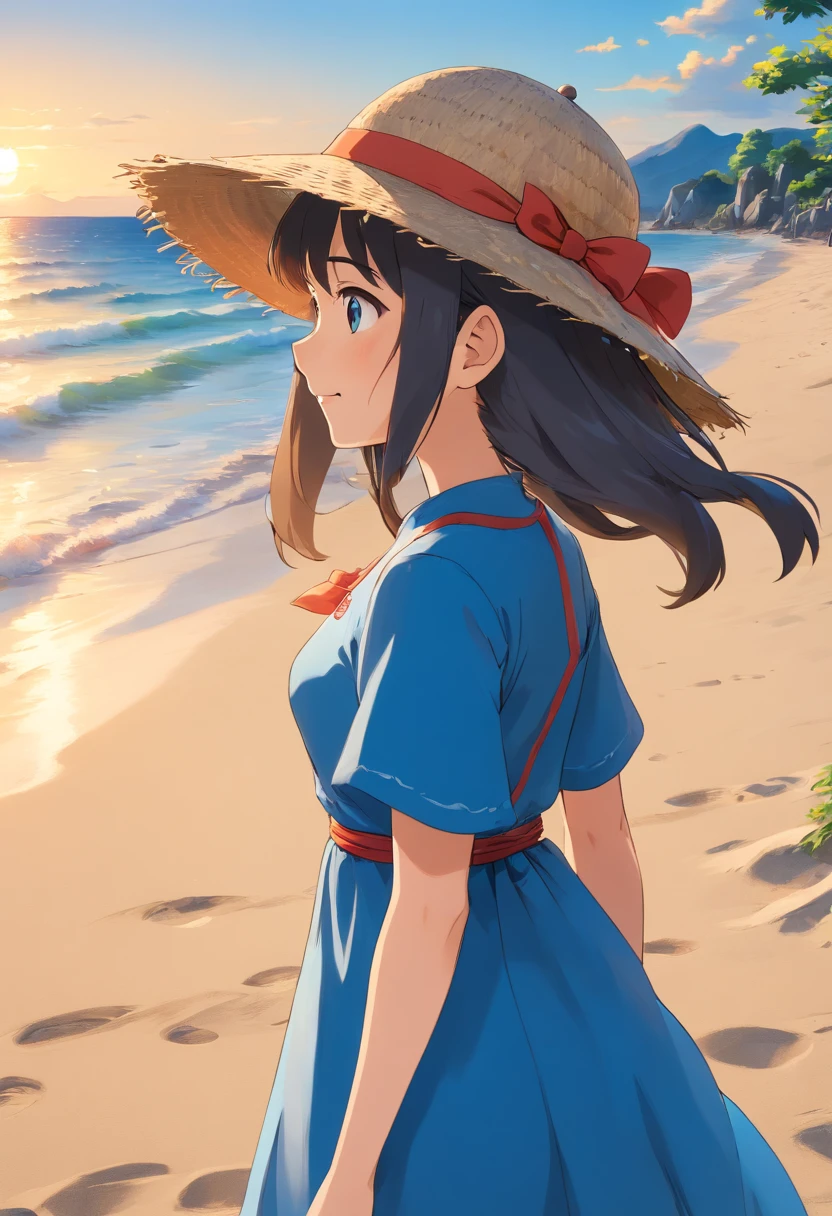 best quality, masterpiece, extremely detailed, high res, 8k, ultra high res, detailed shadow, ultra realistic, realistic, dramatic lighting, Wearing a neat blue dress and straw hat on the beach, (Beautiful Japan female), smile, Profile seen from behind, (Backlight at sunset)