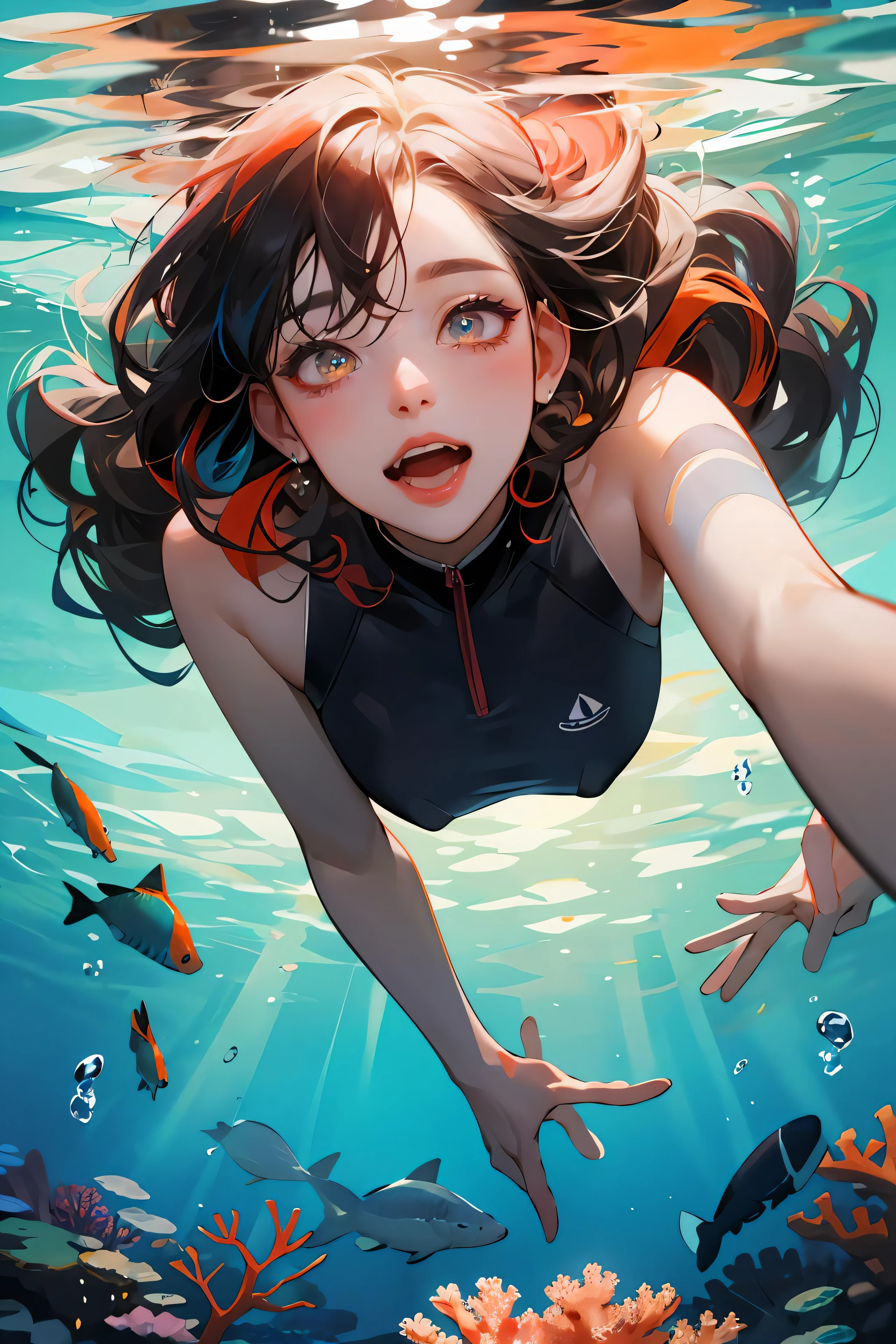 ( ANCIENT CITY UNDER THE SEA:1.2),DIVING GIRL , underwater off the ocean, open your eyes wide,looking away, closes her mouth,Diving,bikini,intense wide shot, Dynamic Angle, fisheye lens, 