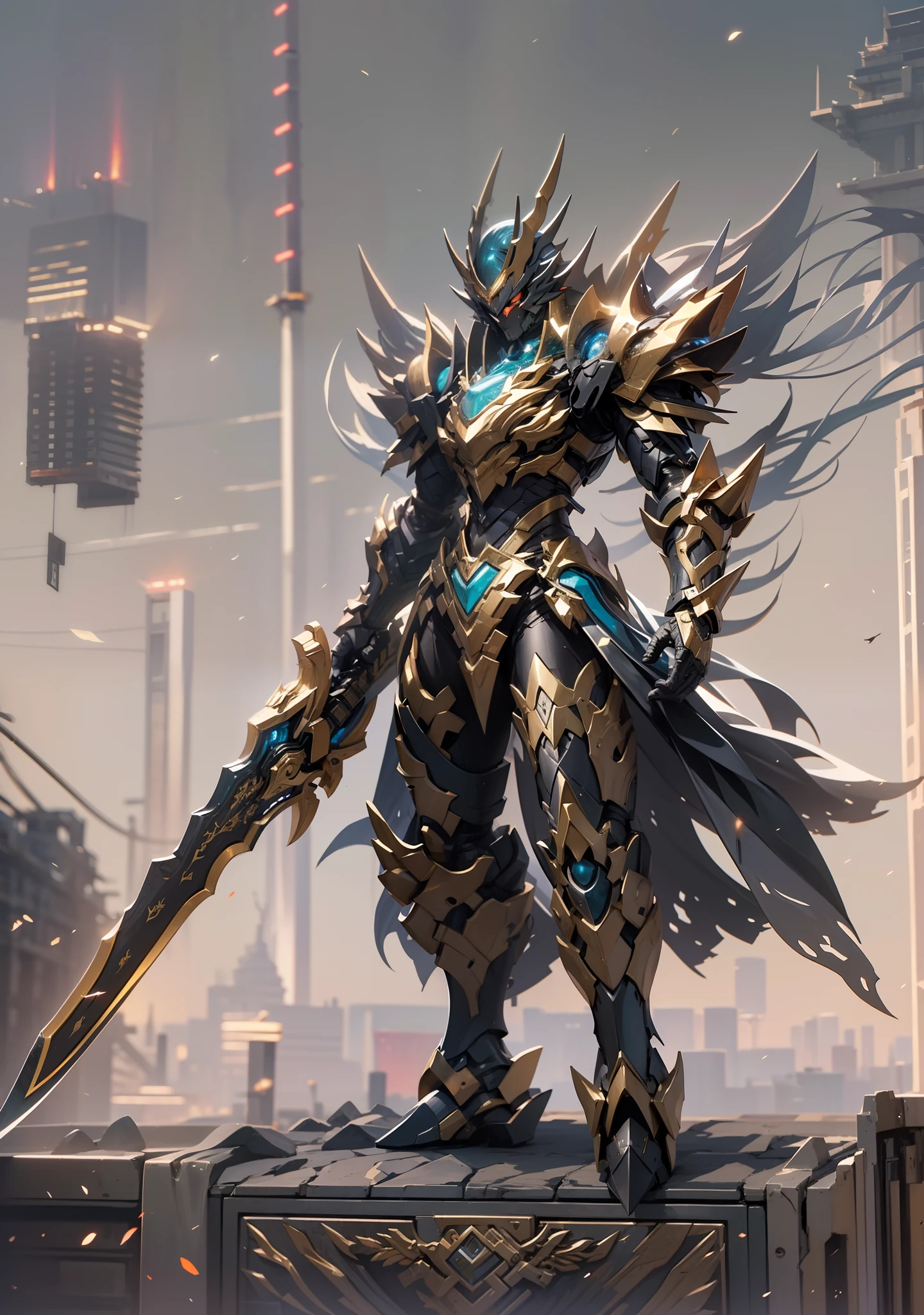 super wide shot, Full body frontal photo,Mecha male orc,Black animal ears,Dragon tail,Dragon wings, Cloak,Jade Emperor style,《The mech colors are gold and silver white》,(《Holding the Xuanyuan sword》,The sword is full of futuristic technology,),(Full body mecha), Keqing from Genshin Impact, (Masterpiece) , The best quality, High quality,Black gold armor,电影灯光, (Exquisite future), Beautiful and beautiful, Ultra detailed, great composition, Floating, Depth of field, (Very detailed CG,Unity 8k壁纸), (Beautiful detail background), dramatic lights, GOGETTA, Mecha,best qualtiy,超高分辨率,combats,火焰,beast ear,Model design