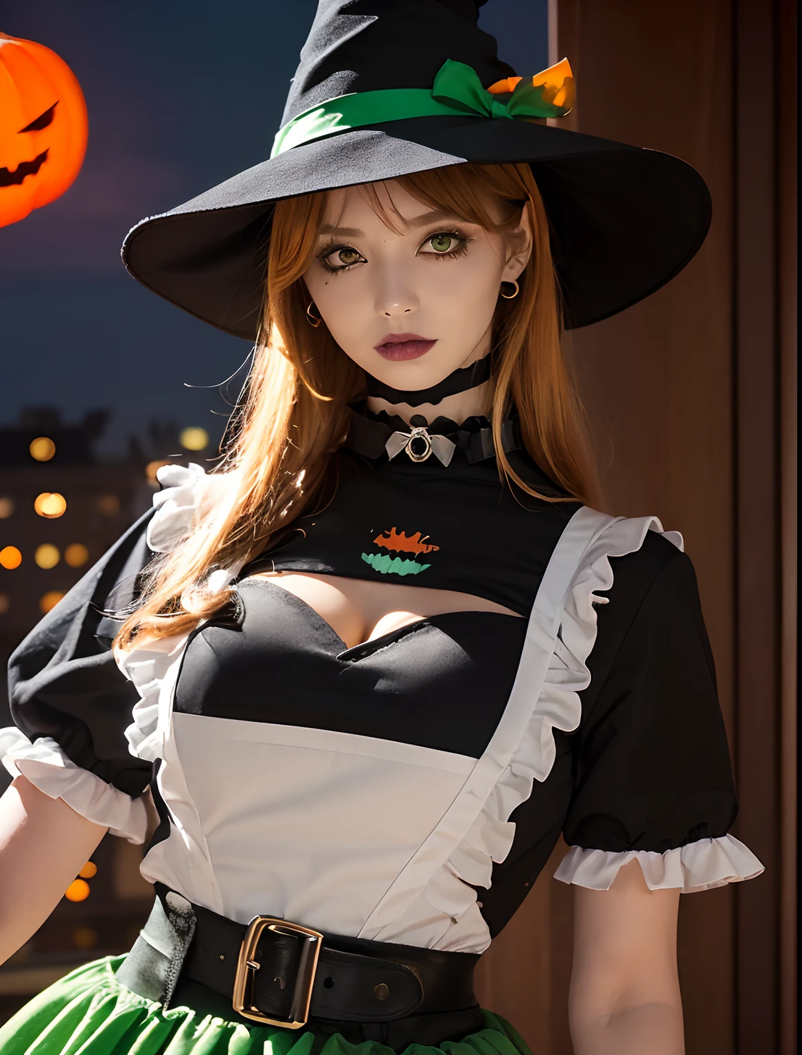 (orange and deep-green theme:1.2), (fusion of witch costume and dirndl:1.3), (black theme:1.1), ((black witch-hat, black pointy hat) with ribbon:1.4), (orange apron over skirt:1.4), (deep-green (ruffle-skirt, multilayer-skirt):1.4), ((bustier, waist cincher):1.3), (white short puff-sleeve:1.3), (deep-green and orange striped-pattern over-knee-socks:1.3), ((black evening-glove, choker, frills):1.2), (black High-heels:1.1), (Halloween print on apron:1.3),
