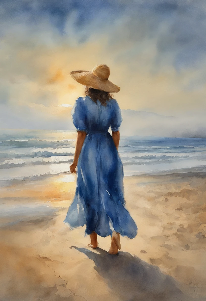 Best Quality, masutepiece, Extremely detailed, hight resolution, 8K, 超A high resolution, detailed shadow, A hyper-realistic, Realistic, Dramatic Lighting, Wearing a neat blue dress and straw hat on the beach, (beautfull Japanease woman), Smile, Profile seen from behind, (Backlight at sunset)