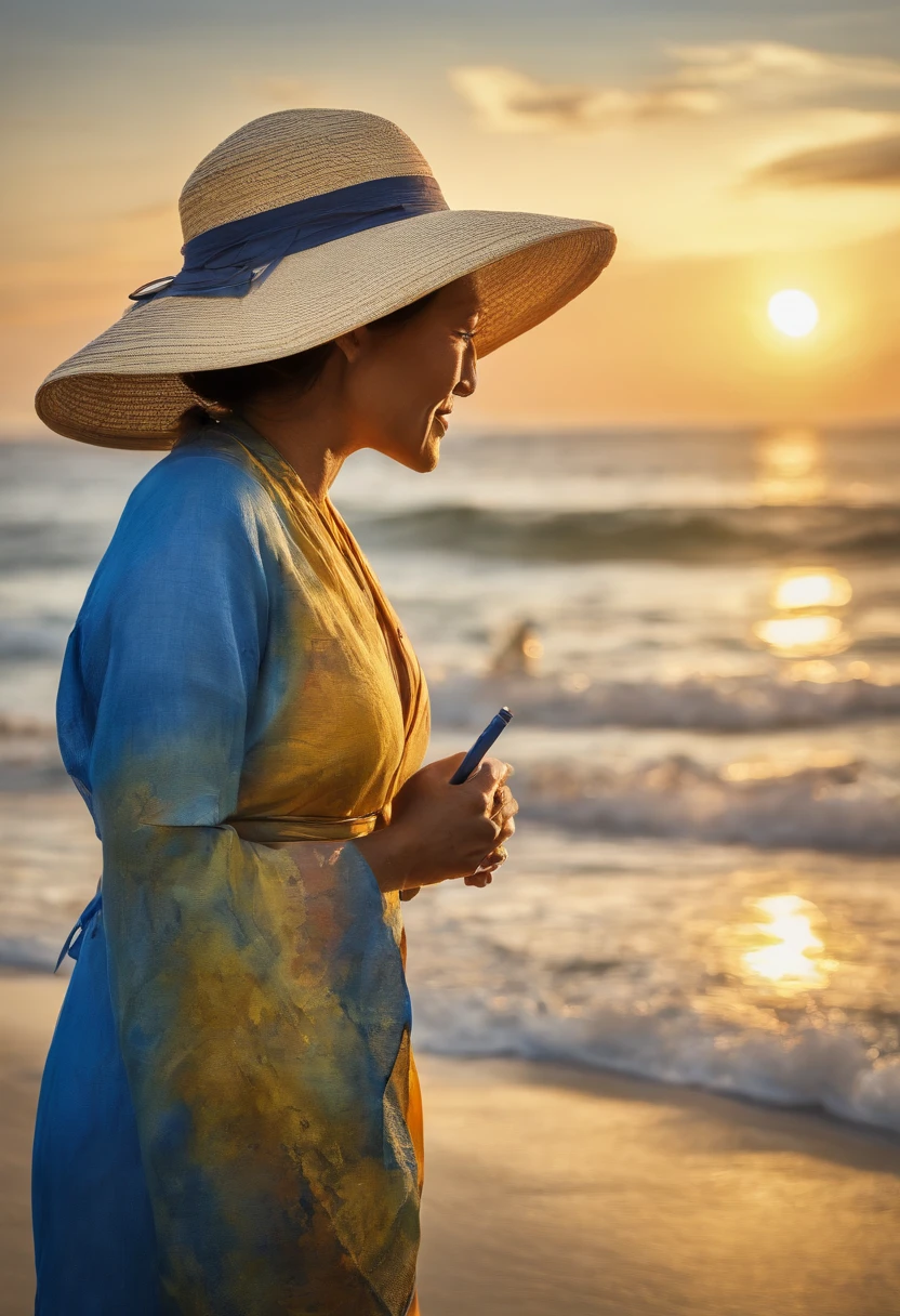 Best Quality, masutepiece, Extremely detailed, hight resolution, 8K, 超A high resolution, detailed shadow, A hyper-realistic, Realistic, Dramatic Lighting, Wearing a neat blue dress and straw hat on the beach, (beautfull Japanease woman), Smile, Profile seen from behind, (Backlight at sunset)