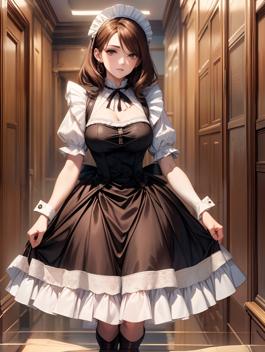 Best Quality, masutepiece, beautiful mature women、Beautiful face、Strong-minded woman、brown haired、(Brown-eyed)、Longhaire、Undersized eyes、(((Edwardian maid)))、Full body like